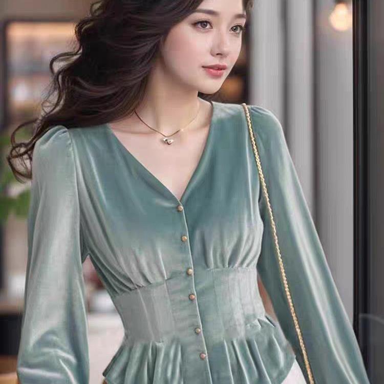 

Бархатная рубашка с длинными рукавами Осенняя одежда для женщин Новый модный фиолетовый топ ранней осени 2XL