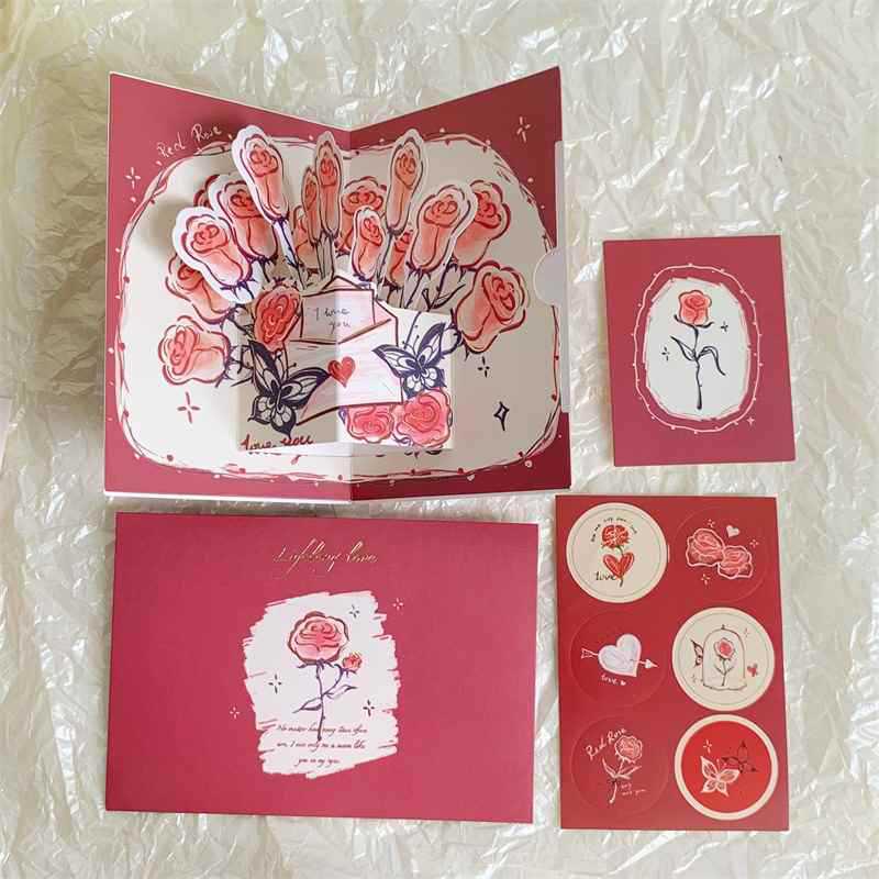 

3D Rose Greeting Card: Retro Foldable Blessing Card with Envelope - Perfect Gift for Bestie or Couple