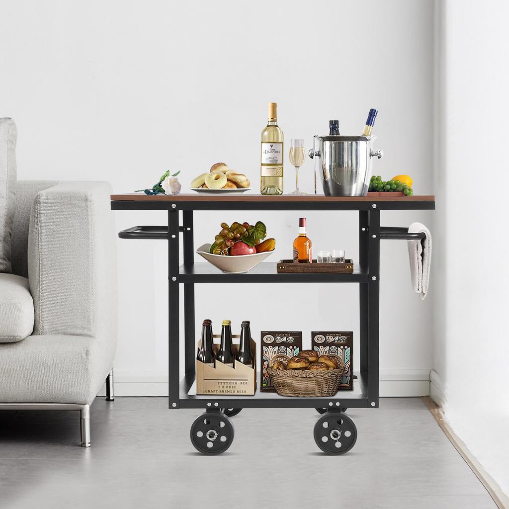 Industrial Pipe Bar Cart, Kitchen Serving Cart, 3-Tier Rolling Utility Cart with Fixed Wheels, 92x40x77.5cm Mobile Bar Cabinet