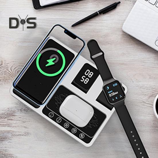 4 In 1 Wireless Charger Stand with Alarm Clock & Night Light Foldable Fast Charging Dock One-Key Lifting Smartwatch Charging Stand for IPhone