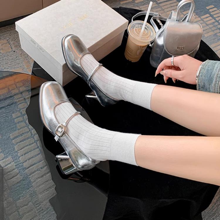 

High heels women s 2025 new spring and summer thick heels late evening wind French Mary Jane shoes gentle with skirt silver single shoes 39