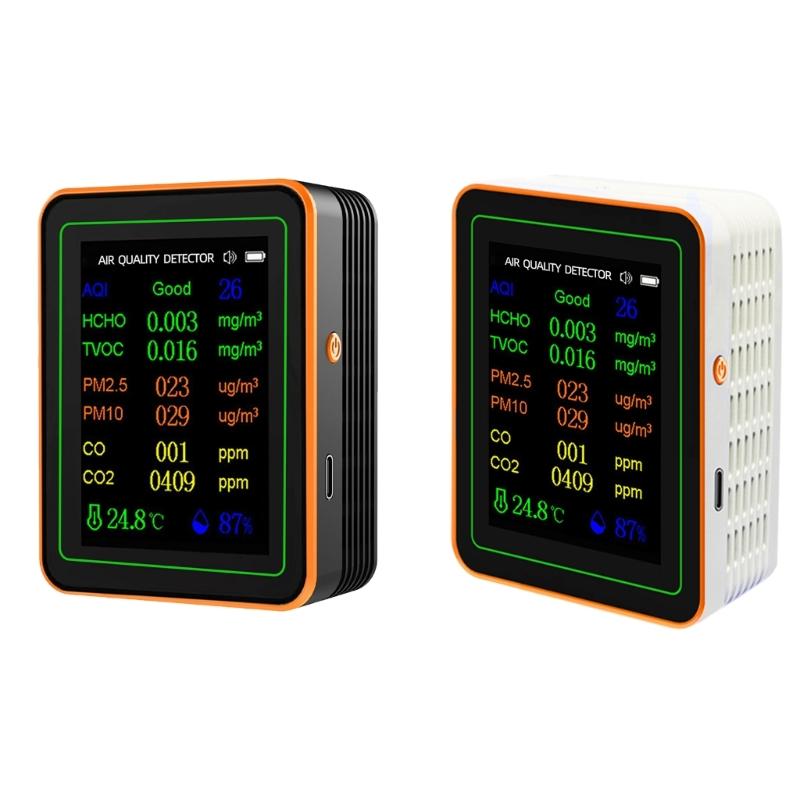 Air Quality Pollution Meter HCHO TVOC CO CO2 PM2.5 PM10 Temperature Humidity Meter with Buzzers Tester Color Display
