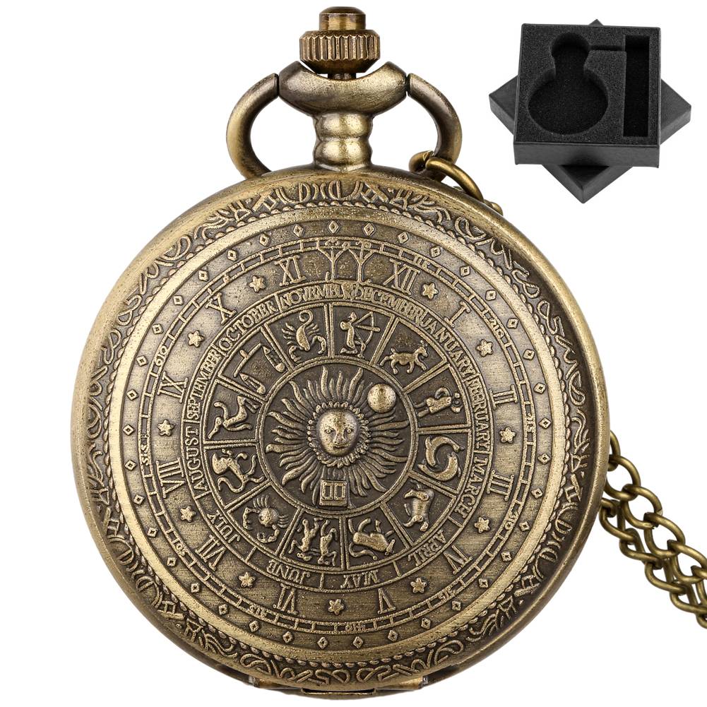 Vintage 12 Burç Bronz Kuvars Cep Saati Arap Rakamlı Kadran Kolye Ucu Zincir Cep Saati Retro Unisex Hediye