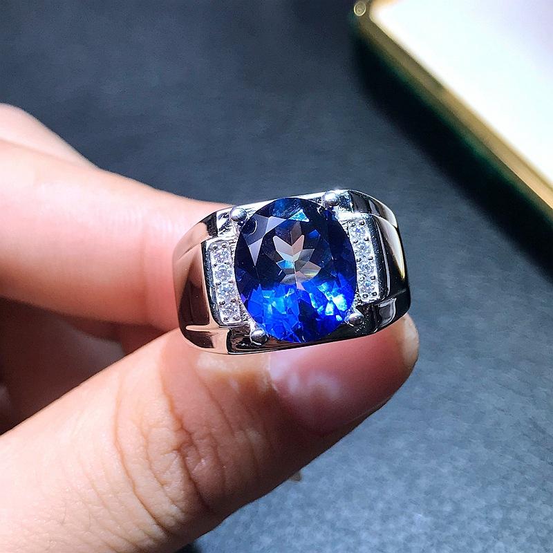 Sace Gems Inele cu topaz albastru tanzanit de 10*12 mm pentru bărbat, argint 925, petrecere de nuntă, festival de bijuterii fine
