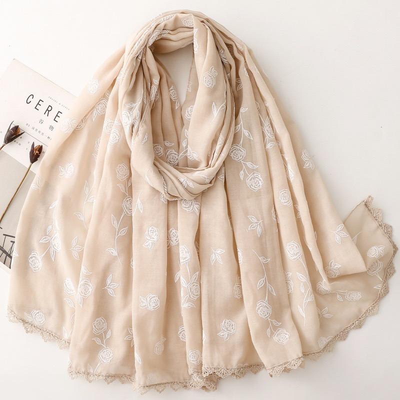 Winter Plain Lace Chain Stitch Rose Floral Viscose Scarf High Quality Shawl Wrap Pashmina Stole For Ladies Muslim Hijab 180*90Cm