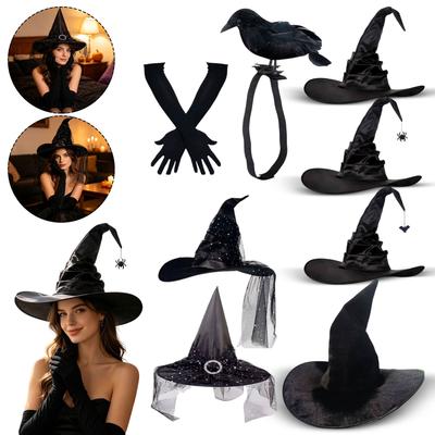 Witch Hat with Gloves for Halloween Party – Black Wrinkled Witch Hat Made of Cloth for Adult Costume Accessories