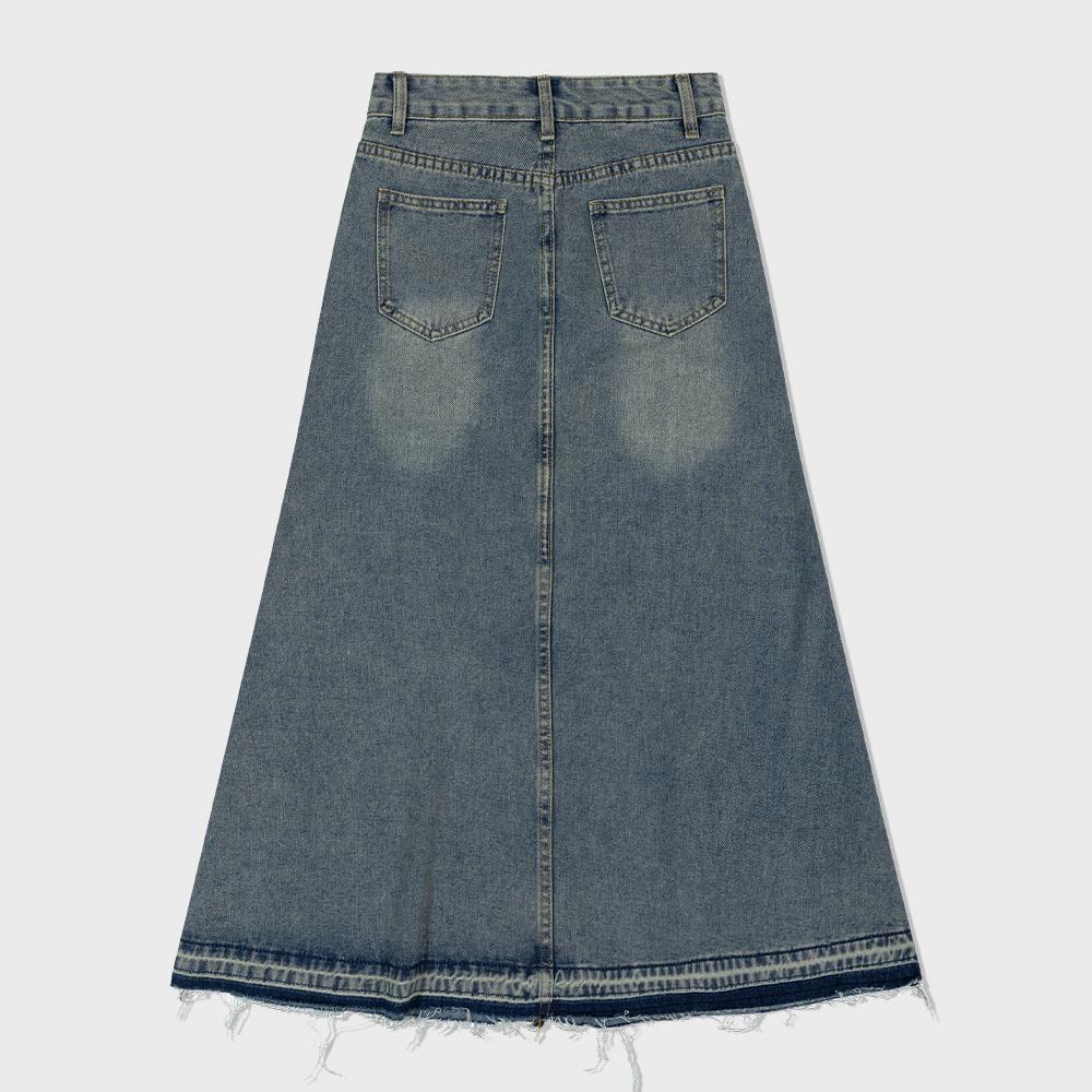 MOAA Raw Hem Denim Midi Skirt (Washed Jean)