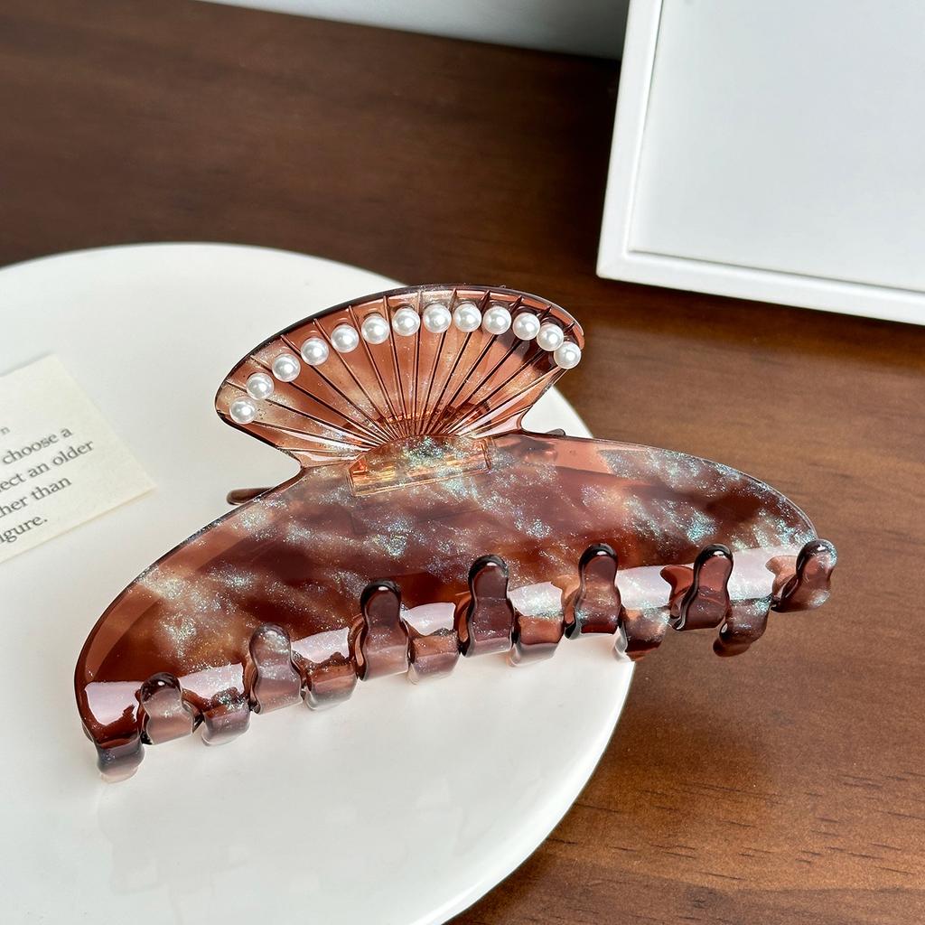 Trendy Large Acetate Hair Claw Clip With Beautiful Shell And Embellishments Pearl