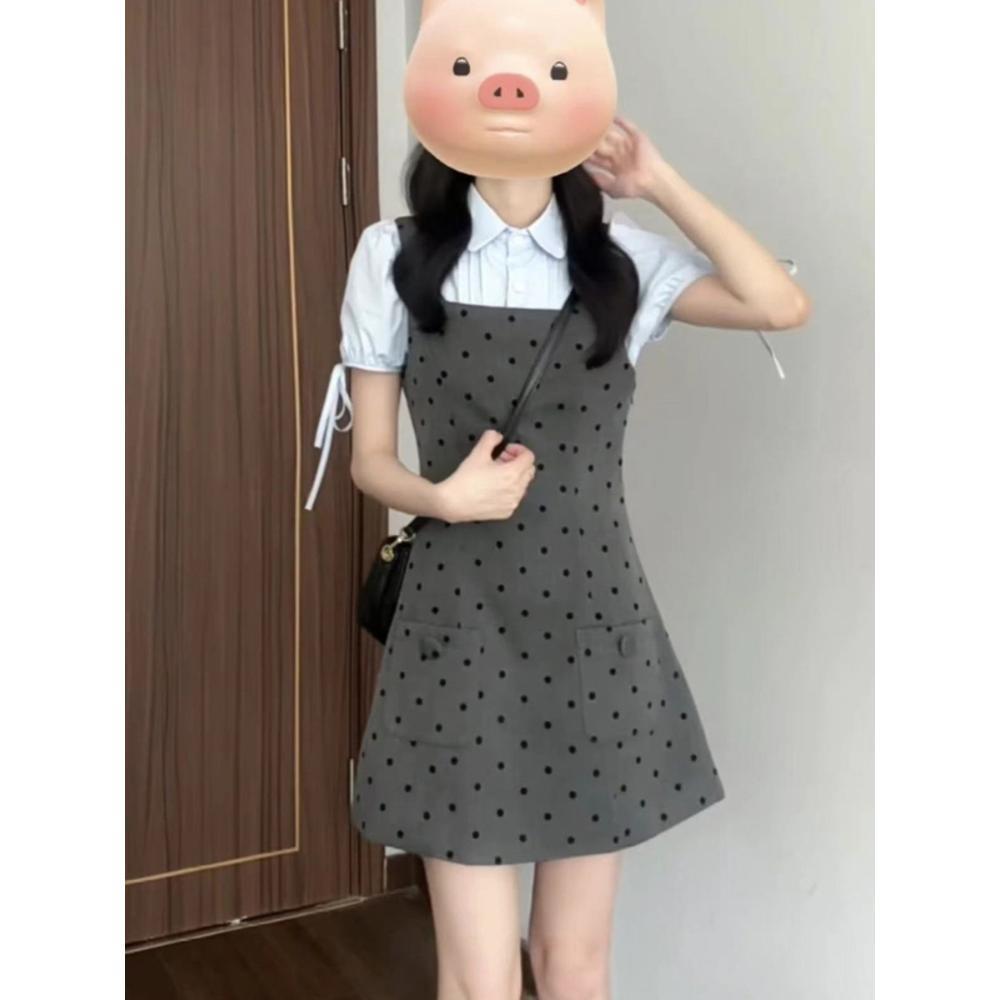 School French suit polka dot suspender dress small dress women's new summer short sleeve strap shirt