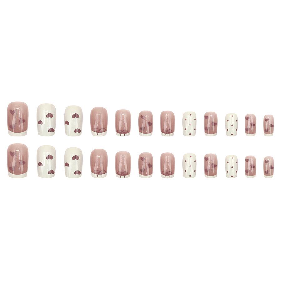 French Heart Bow Sweet Girl Whitening Detachable Nails - 24 Pieces