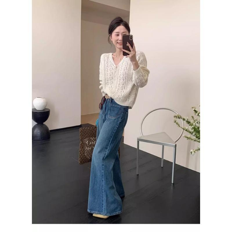 White V-neck Hollow Knitted Cardigan Coat Sweater Women's Thin Spring and Autumn Top