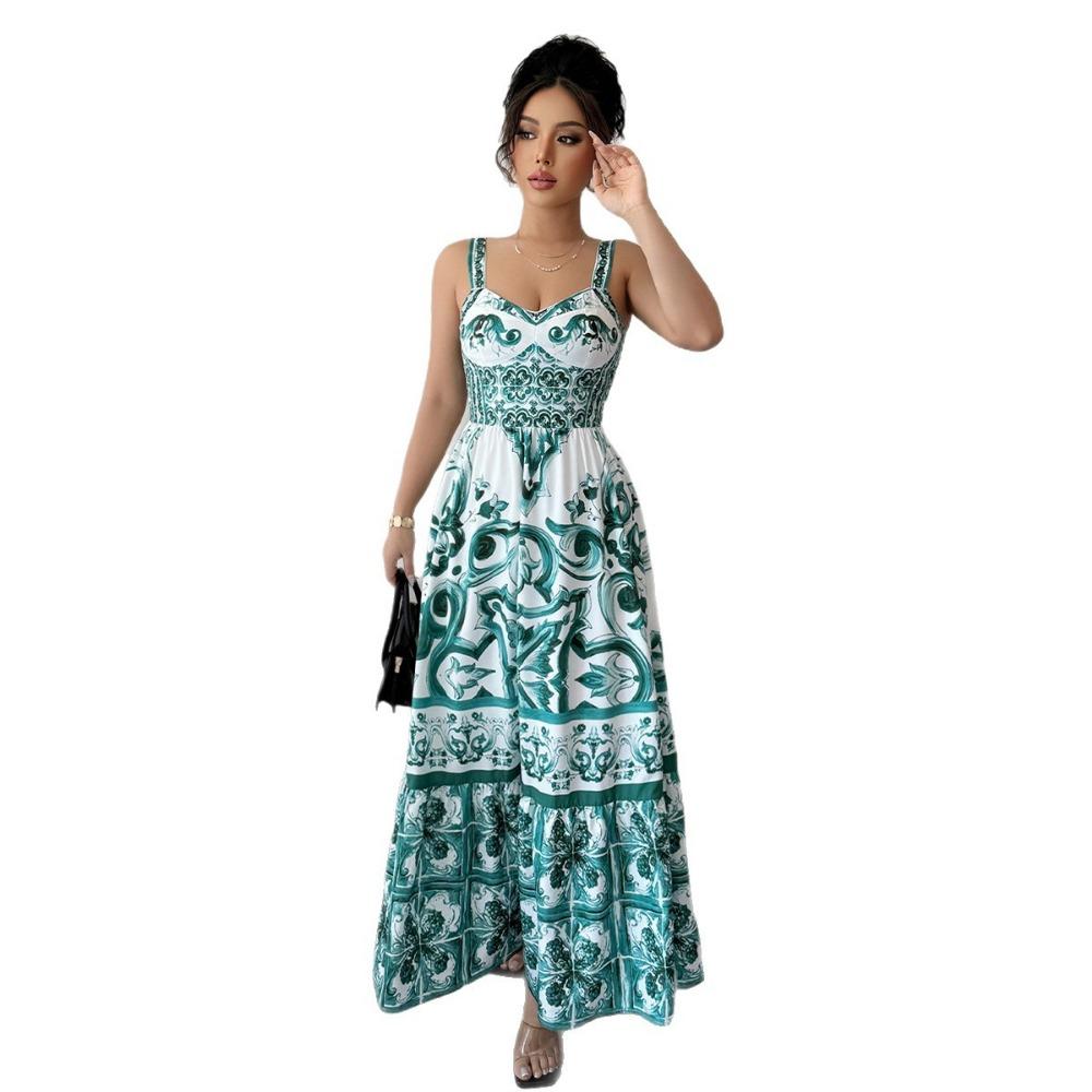 Casual Simple Suspender Printed Long Skirt Dress Women's Autumn and Winter 2025