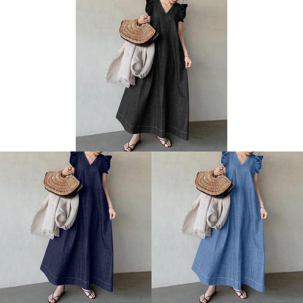 Bohemian Denim Dress With Pockets And V Neck For Summer Casual Wear