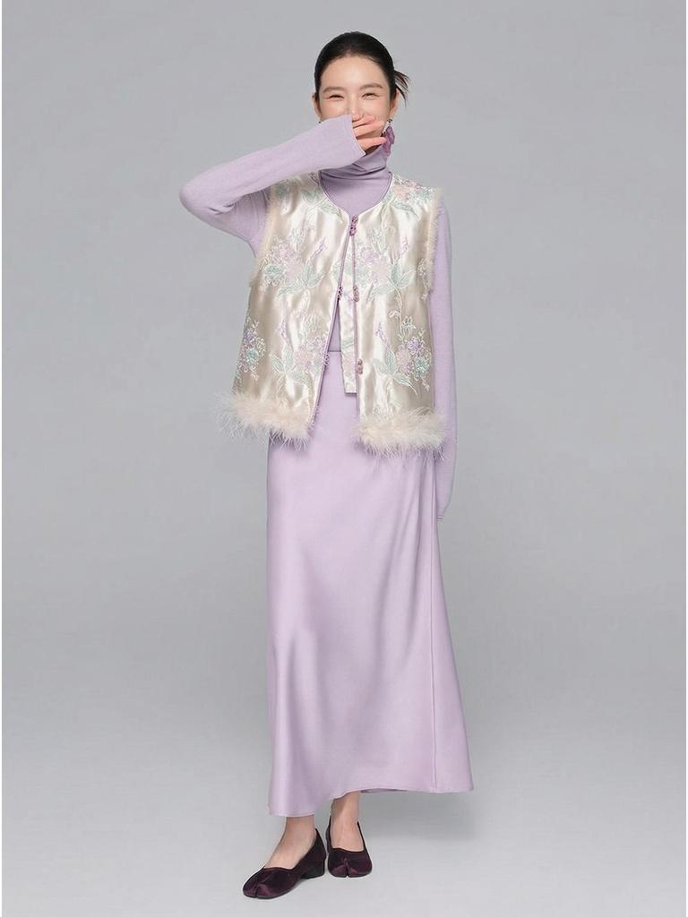 2026 Spring Chinese Style High-Waisted Silky Satin A-Line Maxi Skirt