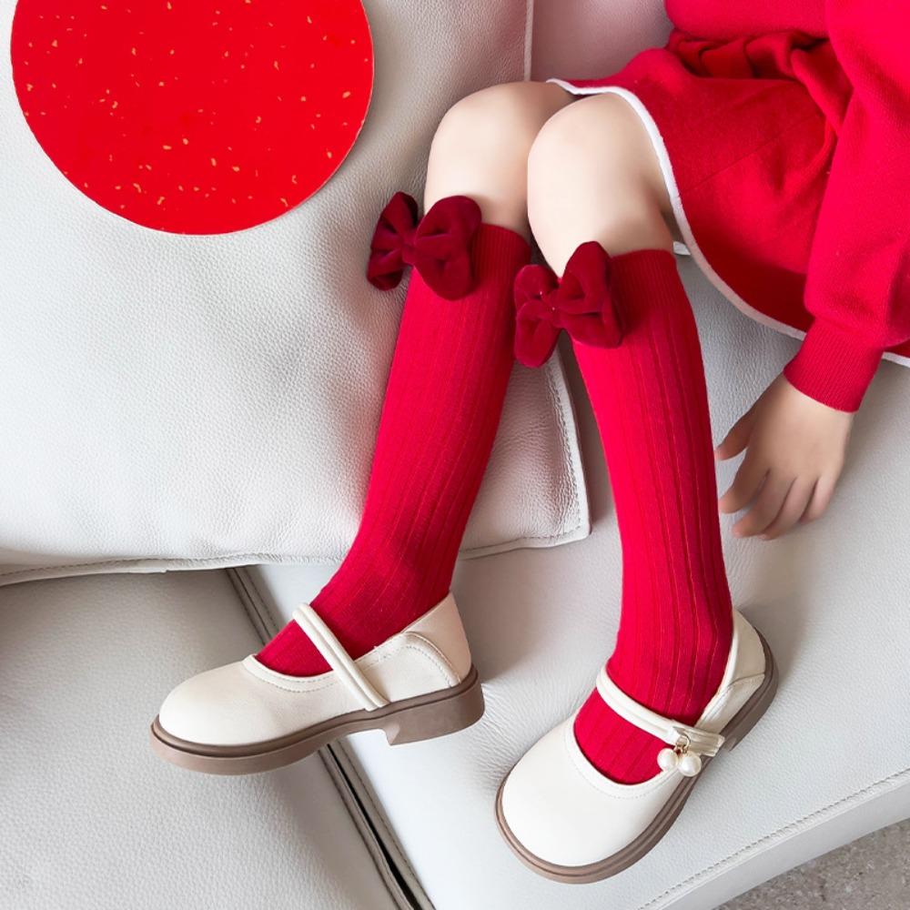 Cotton Bow Hosiery for Kids Middle Tube Children Long Socks Cute New Year Red Socks  Home Socks