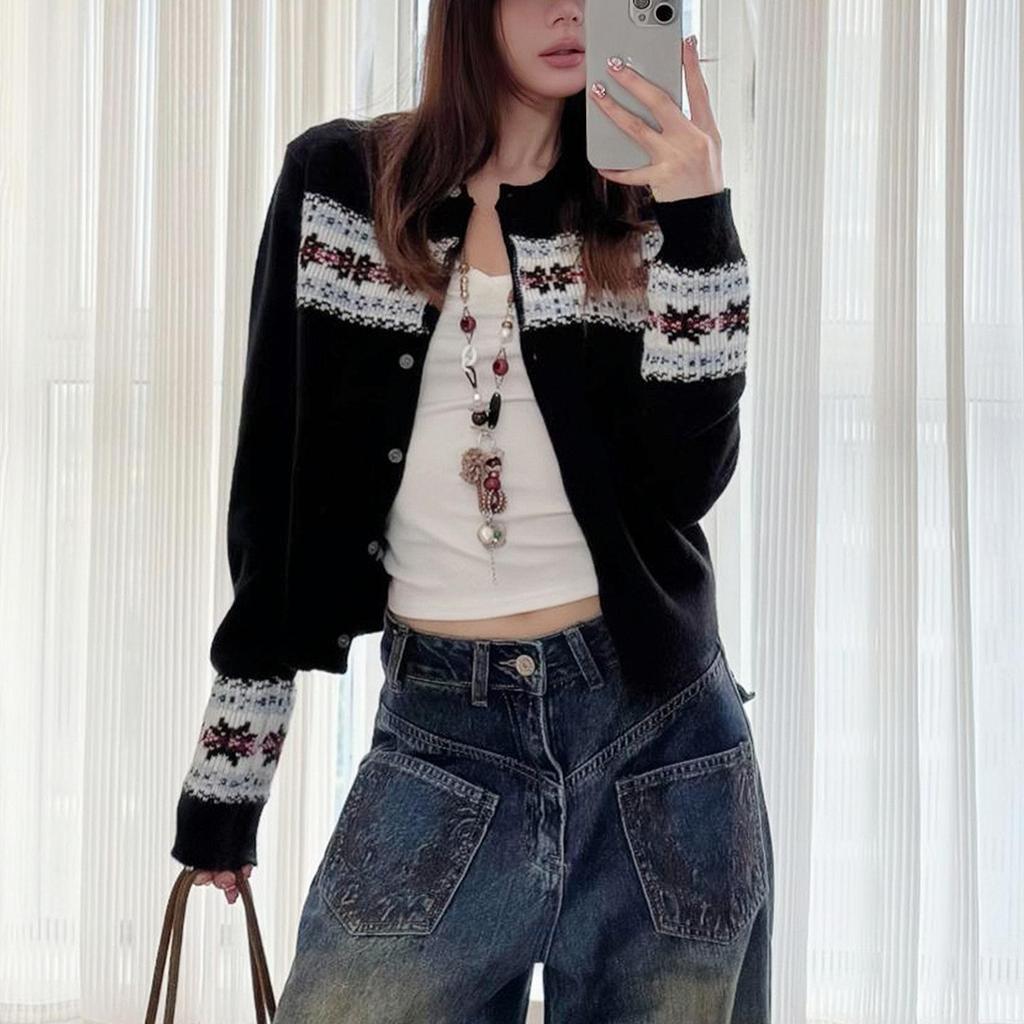 Autumn & Winter European Style Women's Slim Fair Isle Knit Cardigan Sweater Coat Top