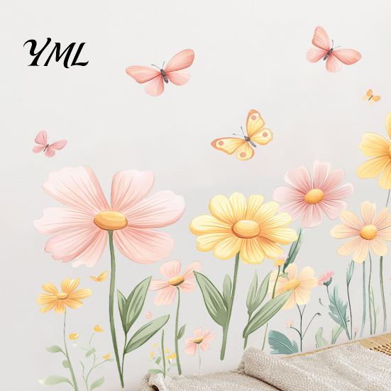 Removable Butterfly Wall Decals 2Pcs Watercolor Flowers Sticker, PVC Waterproof Floral Decal with Butterflies, Flower Stickers for Girls Room