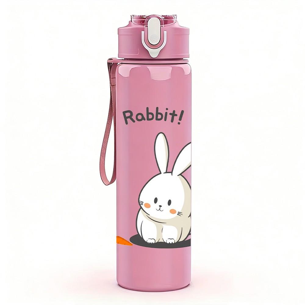 1PC White Little Rabbit Cute Print 750ml Color Plastic Sports Water Bottle Leakproof Flip Straw Lid Suitable for Sports Office Home Use