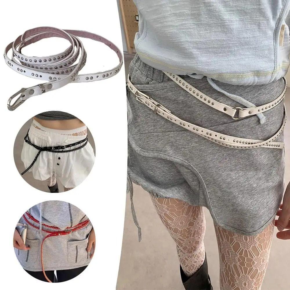 Gothic Long Double-layer Belt PU Leather Y2K Belt Trend Rivet Belt Skirts Waistband