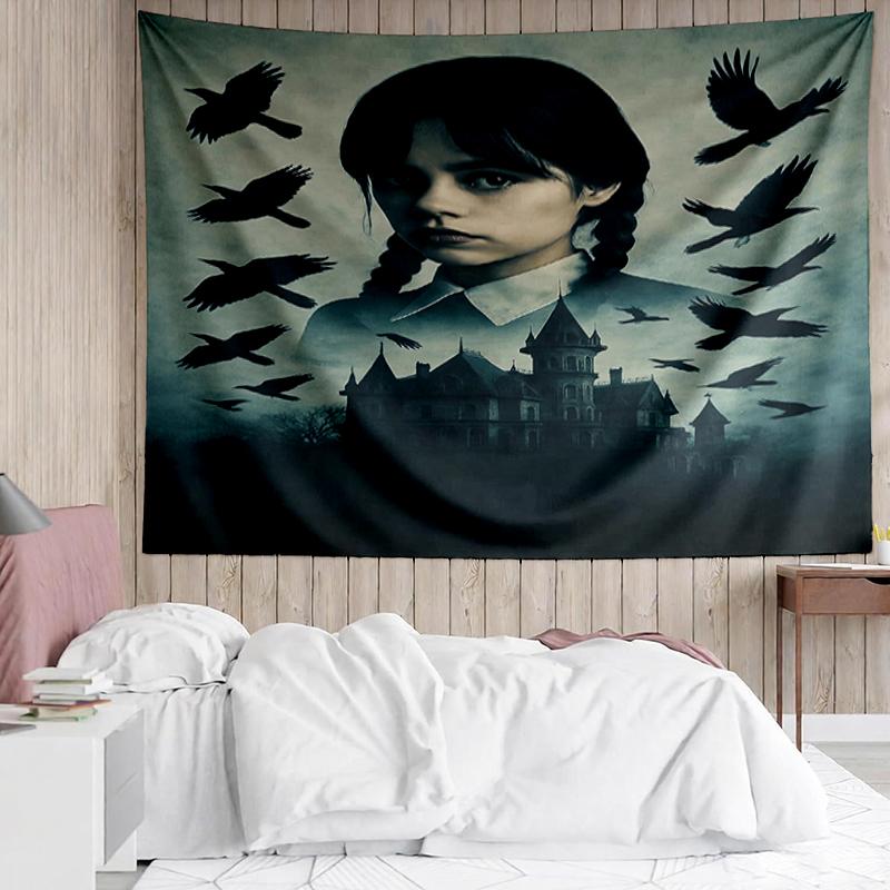 Wednesday Print Tapestry, Backdrop, Easy Setup, Ideal for Bedroom, Office & Living Room, with Aesthetic Wall Hanging Decor.