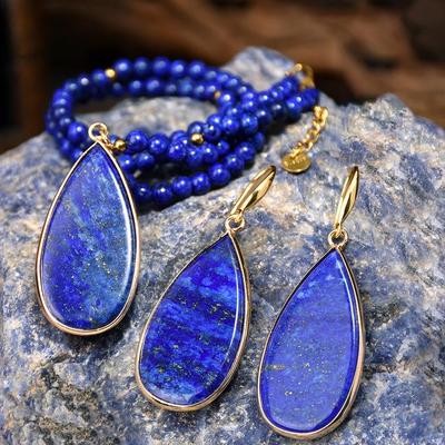 European & American Retro Lapis Lazuli Teardrop Necklace & Earrings Gold-Plated Set