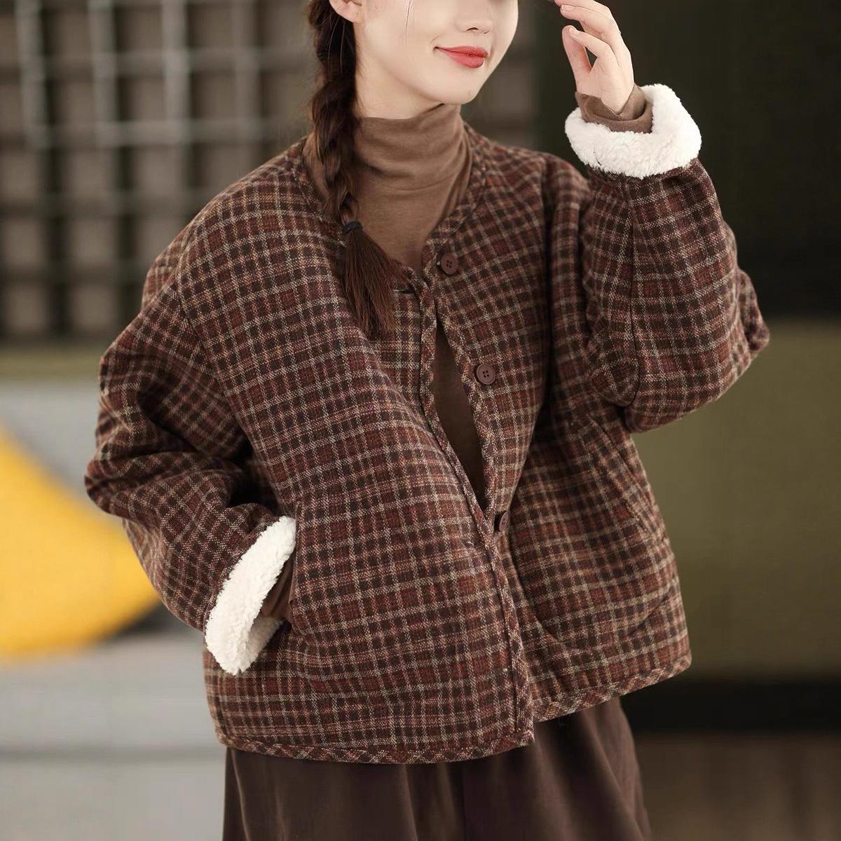 

Johnature Women Vintage Plaid Chinese Style Winter Coats Button Warm Loose Female Coats One Size кофейный