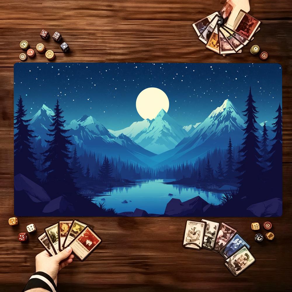 Neon Mountain Forest Moon Landscape Game Play Mat Smooth Thick Rubber Base For Card Tabletop Gaming And Computer Desk Setup