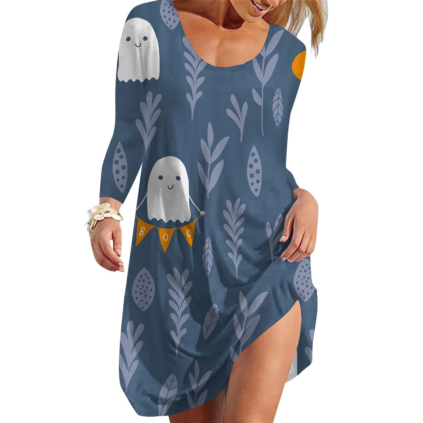 

(SU)Женское повседневное свободное платье с длинным рукавом и принтом на Хэллоуин