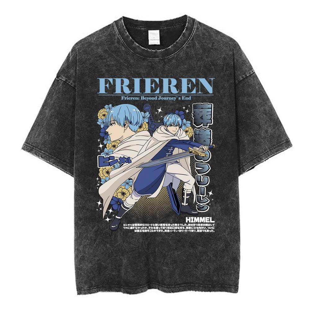 Washed Vintage Anime Frieren Beyond Journeys End Himmel Tshirt Men Women Fashion Harajuku Short Sleeve Cotton Casual Tshirts S