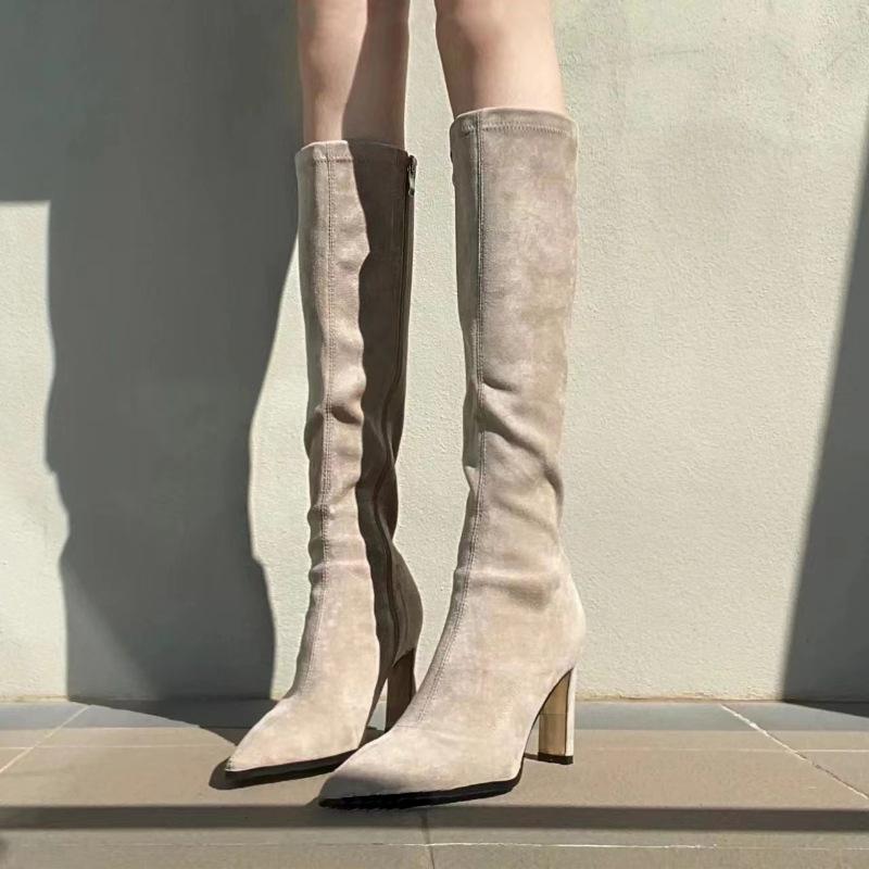 Pointed apricot suede high-heeled boots women's elastic thin boots thick heels but knee-thick high boots