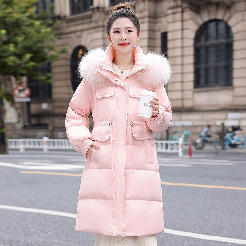 High-end hooded down jacket women's medium and long winter waist slim and thin fox fur collar white duck down jacket