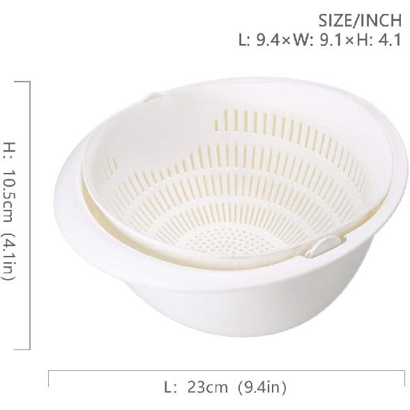 Double Layer Swivel Drainer 2 in 1 Bowl Strainer Combo - Kitchen Colander Fruit Wash Strainer for Cleaning Veggies, Noodles (White)