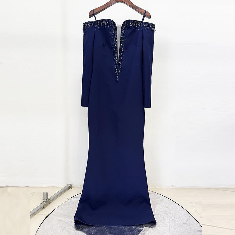 

2025 New Arrival: European & American Celebrity Off-the-Shoulder Evening Gown, Heavy Beading & Rhinestones Extra Large темно-синий