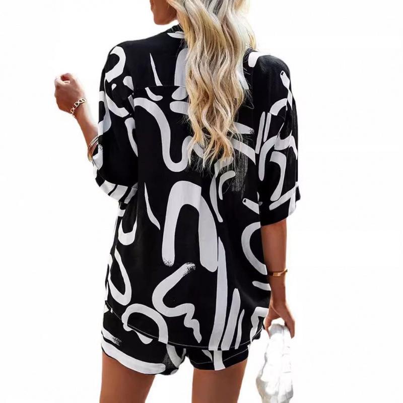 Black & White Geometric Two-Piece Set: Loose Short-Sleeve Shirt & Drawstring Shorts