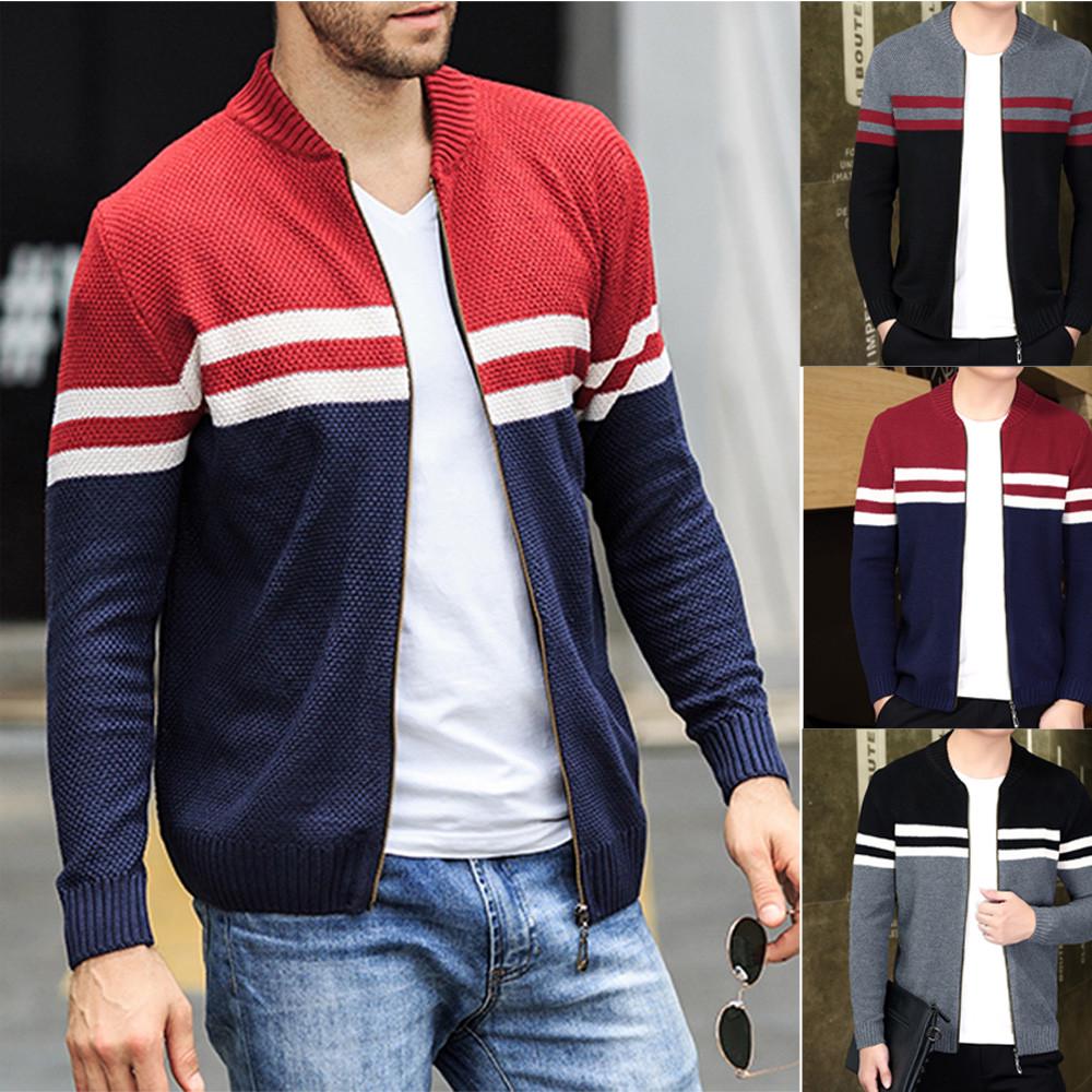 Buy AIKA Men's Knitting Casual Fashion Trend Slim Stripes Coat Cardigan ...