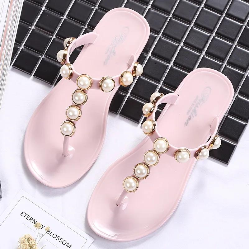 Modische Perlenstecker Zehenstegsandalen Damen Perlenbesetzte Flip-Flops Rutschfest Strand Sandalen Alleskönner Gelee-Schuhe Damen Hausschuhe Pantuflas