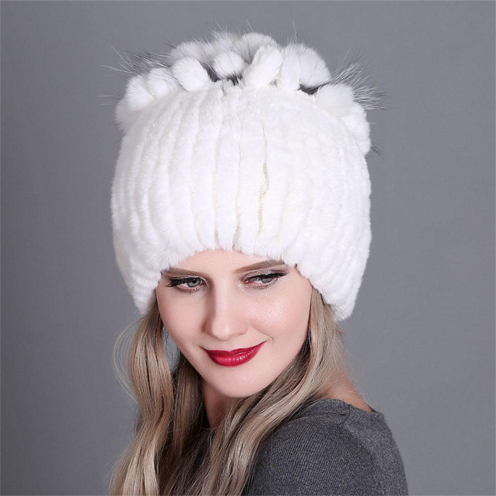 Outdoor Winter Warm Real Fur Beanies Hat Rabbit Fur Cap Knitted Real Rex Rabbit Fur Hats Elastic
