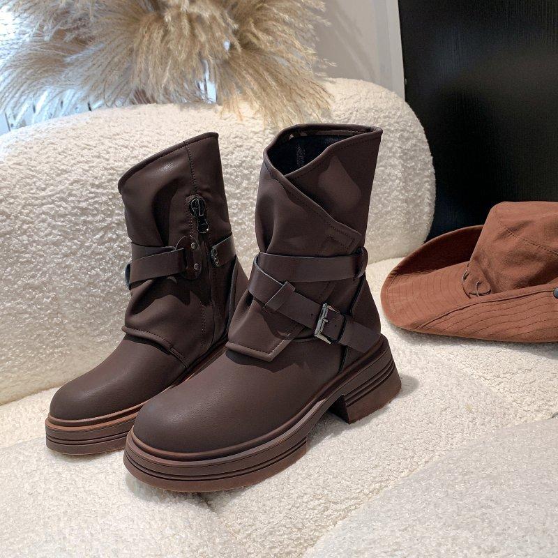 New spot short boots women's 2025 autumn and winter new inner height increase Martin boots women's boots retro belt buckle thick heel western