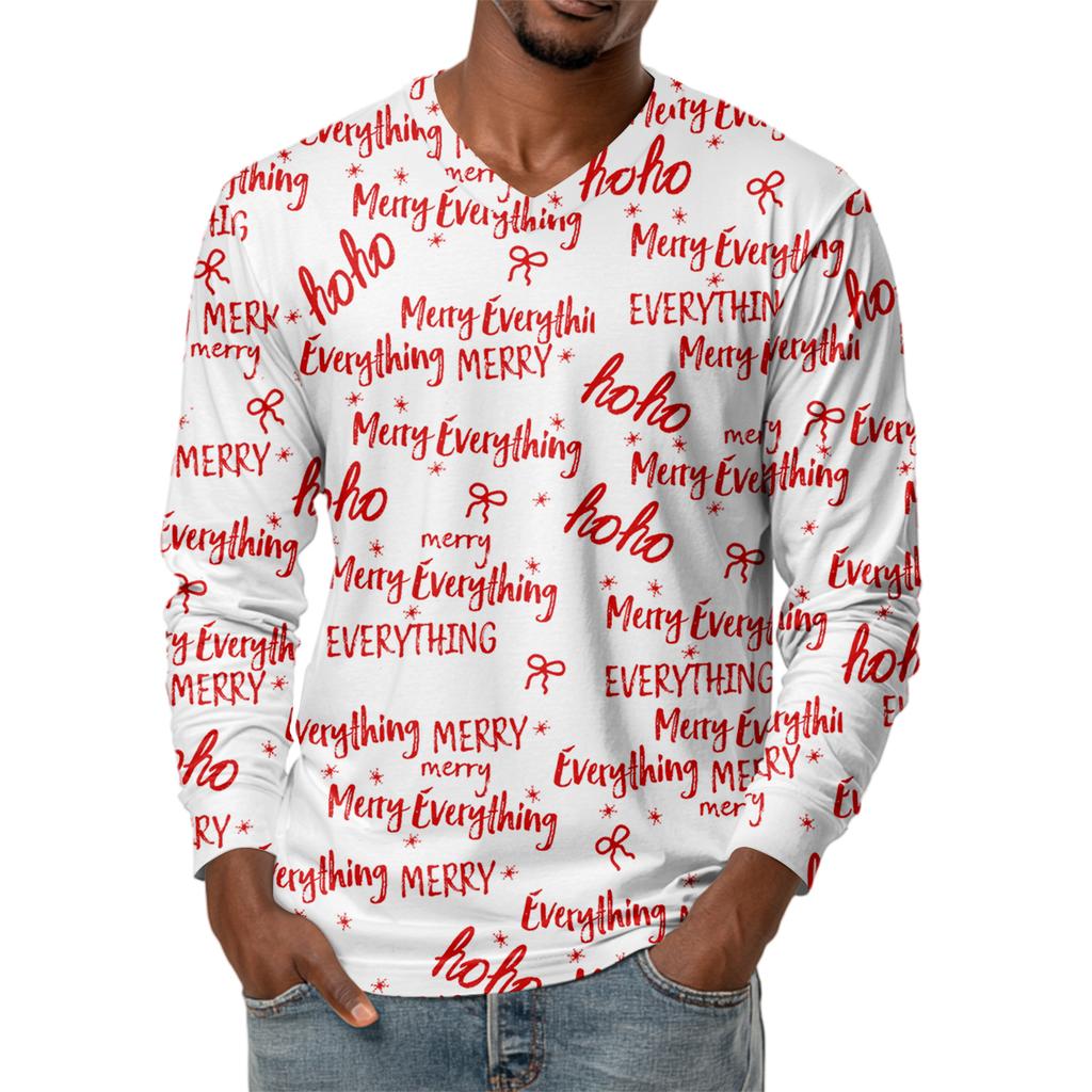 Men's Fashion Printed V-Neck Casual Long-Sleeved T-Shirt Bottoming Shirt Top