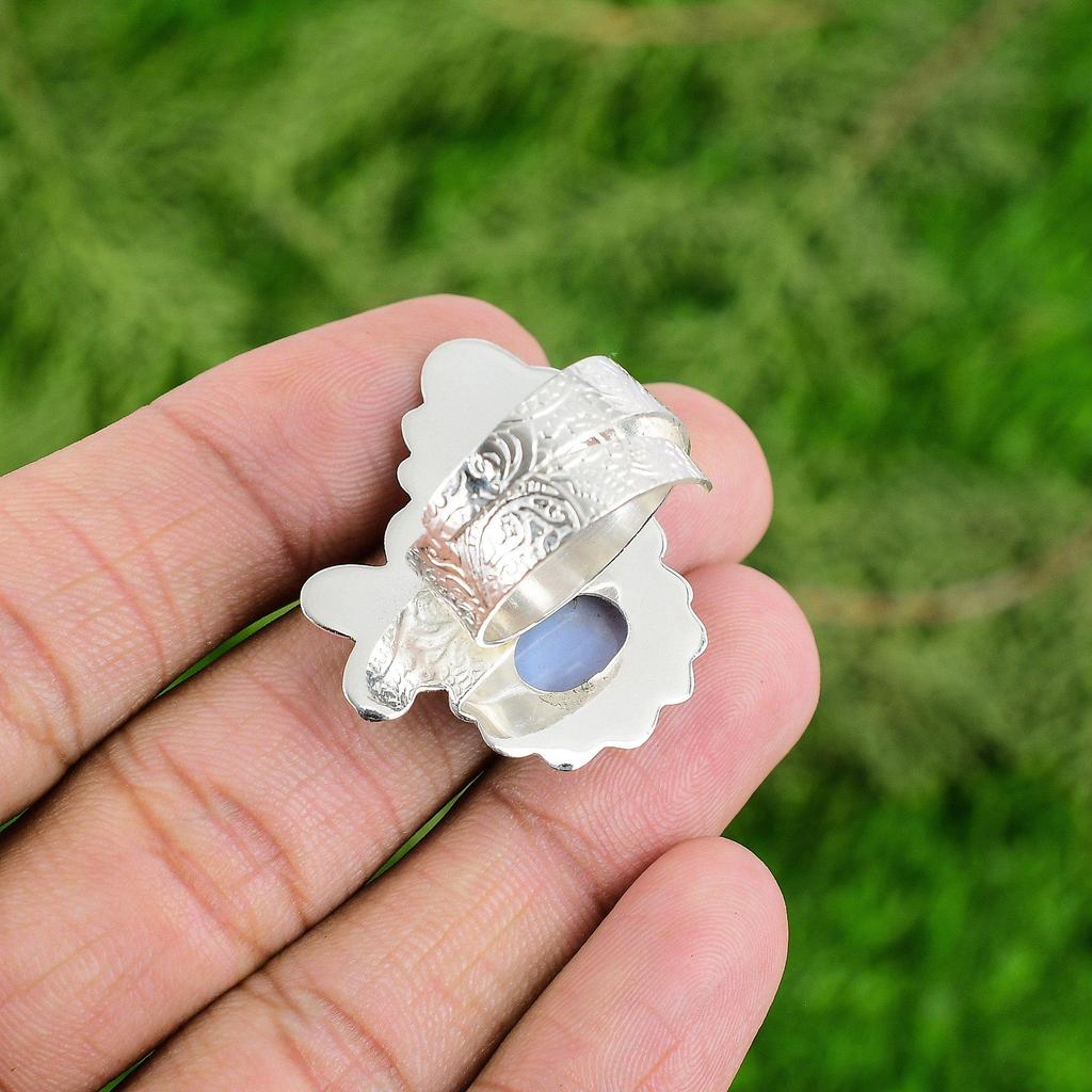 Mothers day Sale 925 Silver Oval Blue Lace Agate Gemstone Sister Stackable Ring