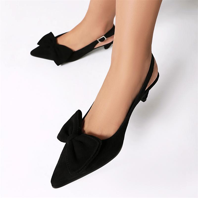 Women's Heels Summer Shoes 2025 New Fashion Bow Close Point Toe Black Brown Short Heeled Party Office Shoes Female Slingbacks