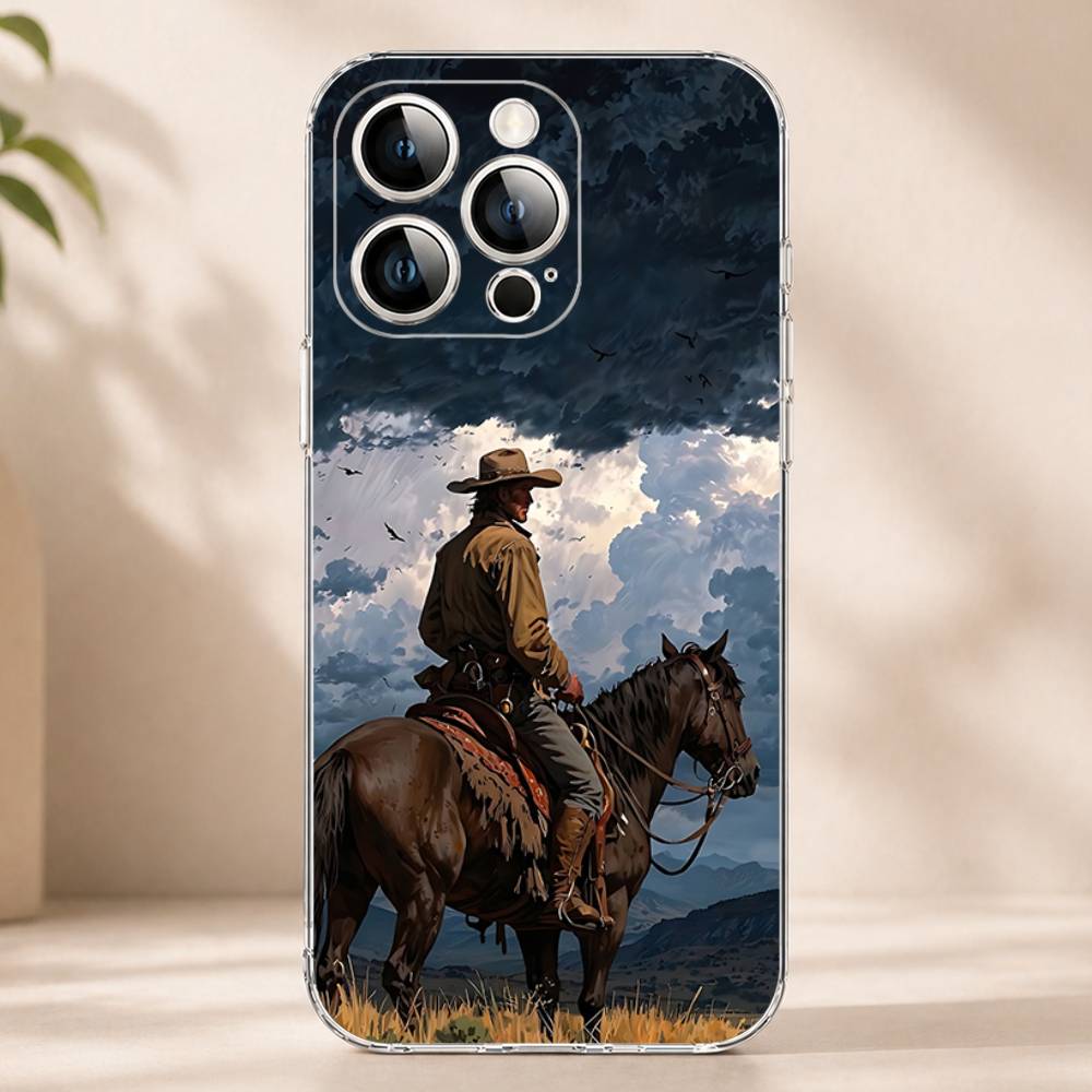 Retro Western Cowboy Pattern Phone Case for iPhone 17 16 16E 15 14 Pro Plus Air 13 12 11 Max Mini Transparent Bumper