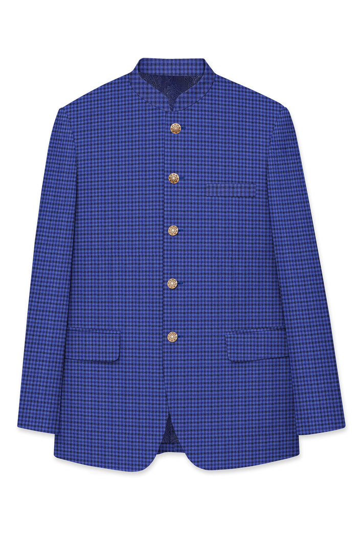 

Victoria Blue Gingham Checkered Bandhgala Blazer 40