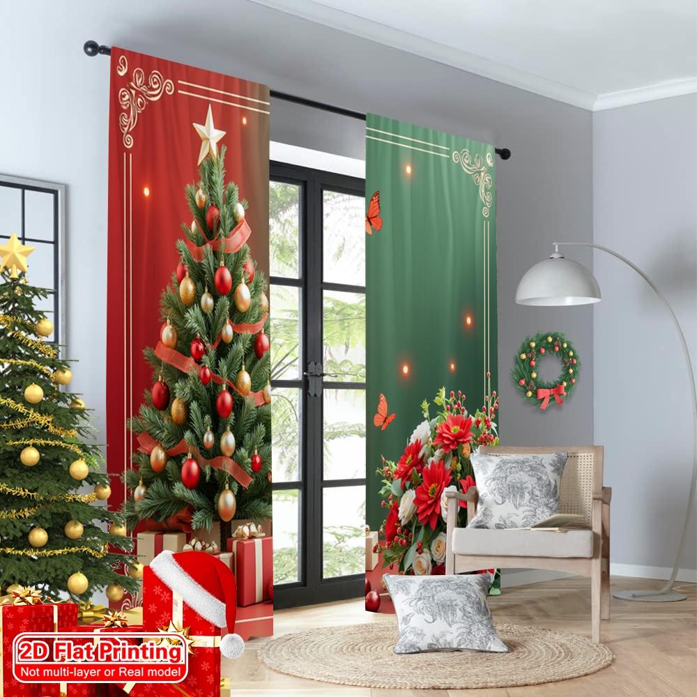 2pcs 2D Flat Printing Christmas Window Curtains Christmas Tree Poinsettias Butterflies 100% Polyester Fabric Without Electricity
