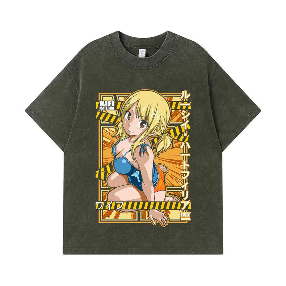 

275 GSM Washed T-shirts 100% Cotton Fairy Tail V1 Lucy Waifu Print Unisex Heavy Cotton T Shirt S армия зеленый