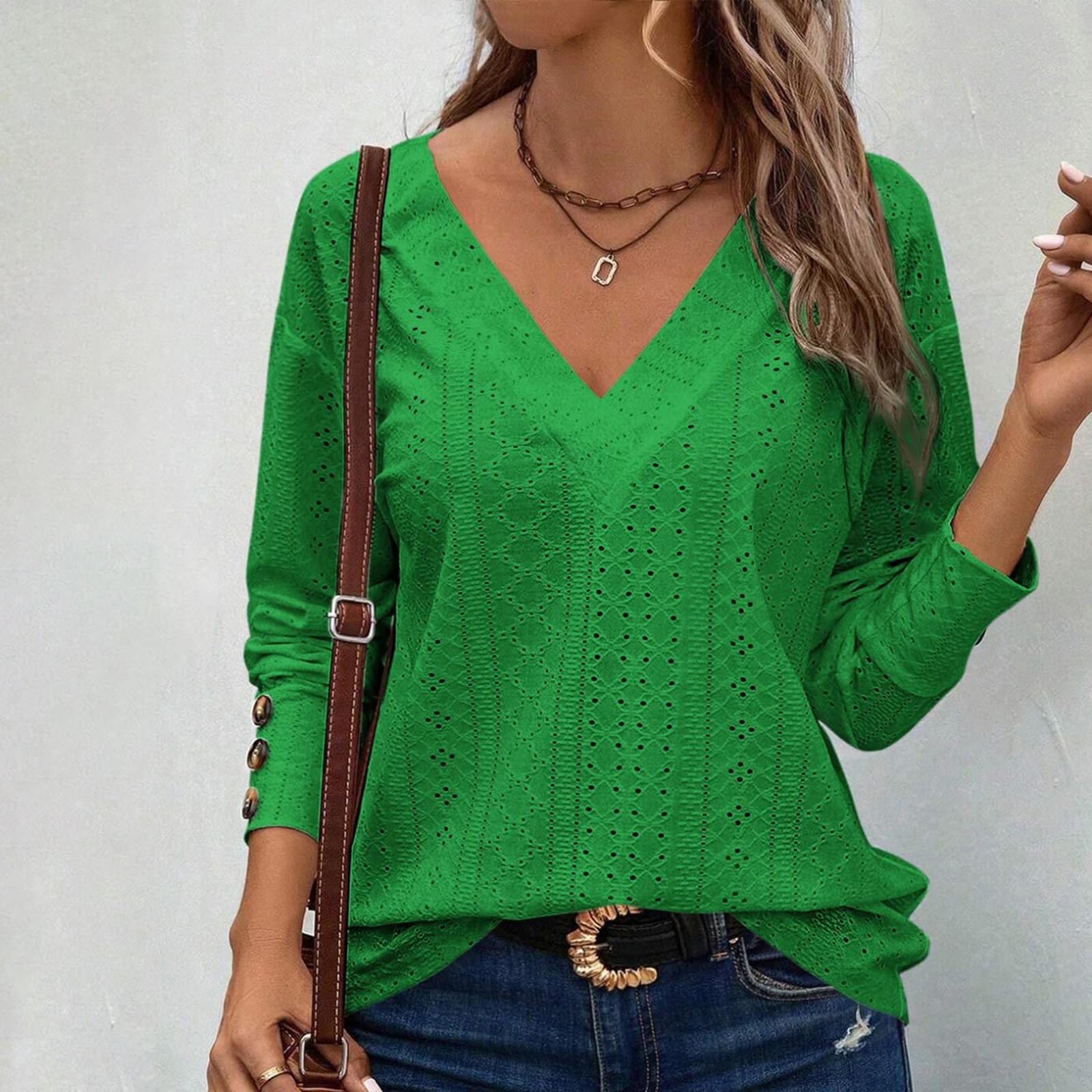 

Женские топы, повседневные рубашки с V-образным вырезом, длинными рукавами и пуговицами XXL зелёный