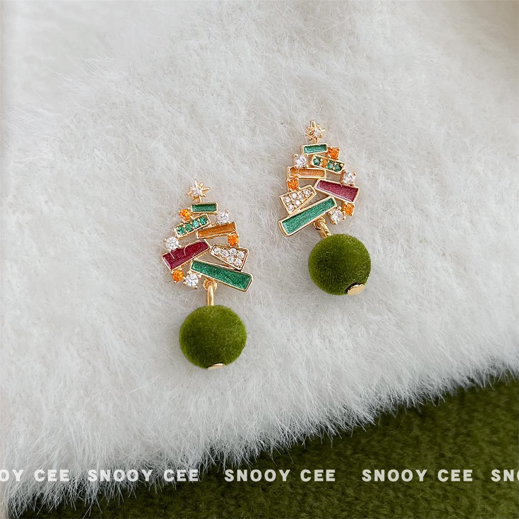 Hand-Painted Christmas Tree Zircon Flocking Pompon Earrings - 925 Silver Needle