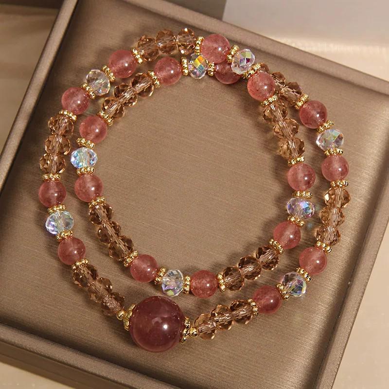 Women's Exquisite Light Luxury Strawberry Quartz Double Circle Bracelet – Attract Romance, Perfect Gift for Best Friend