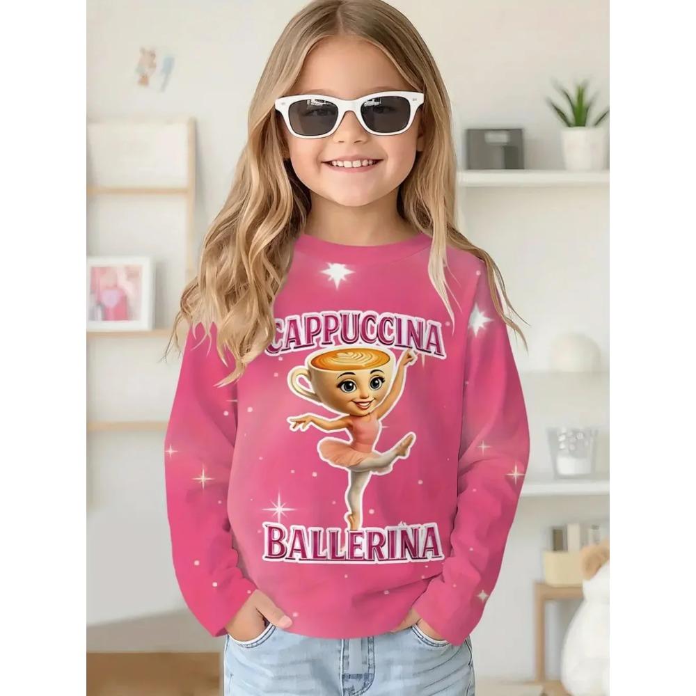 Spring and Autumn Round Neck 3D Cappuccina Ballerina Printed Top Fashionable Casual Long Sleeved Children's Girl T-shirts