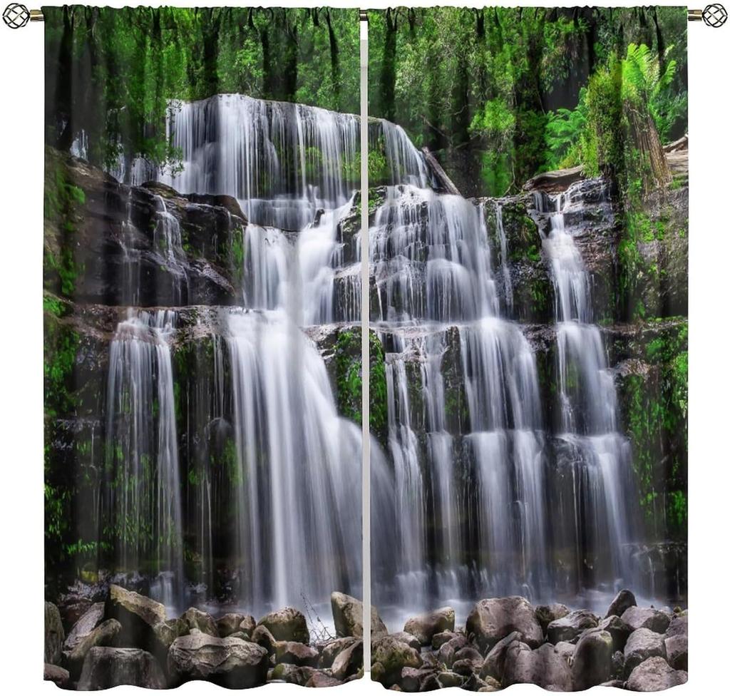 Blackout Red Forest Waterfall Windows Curtains Tree Landscape Woodland Scenic Nature Fall Scenery Art Printed Curtain Made Of Polyester Washable